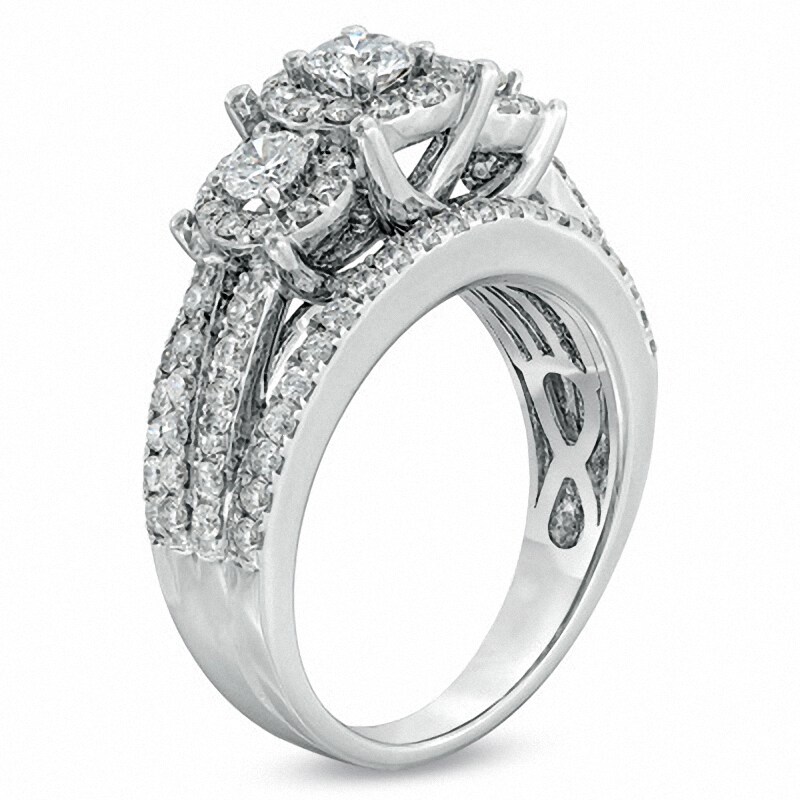 Main Image 2 of Previously Owned - 1-1/2 CT. T.W. Diamond Three Stone Multi-Row Ring in 14K White Gold