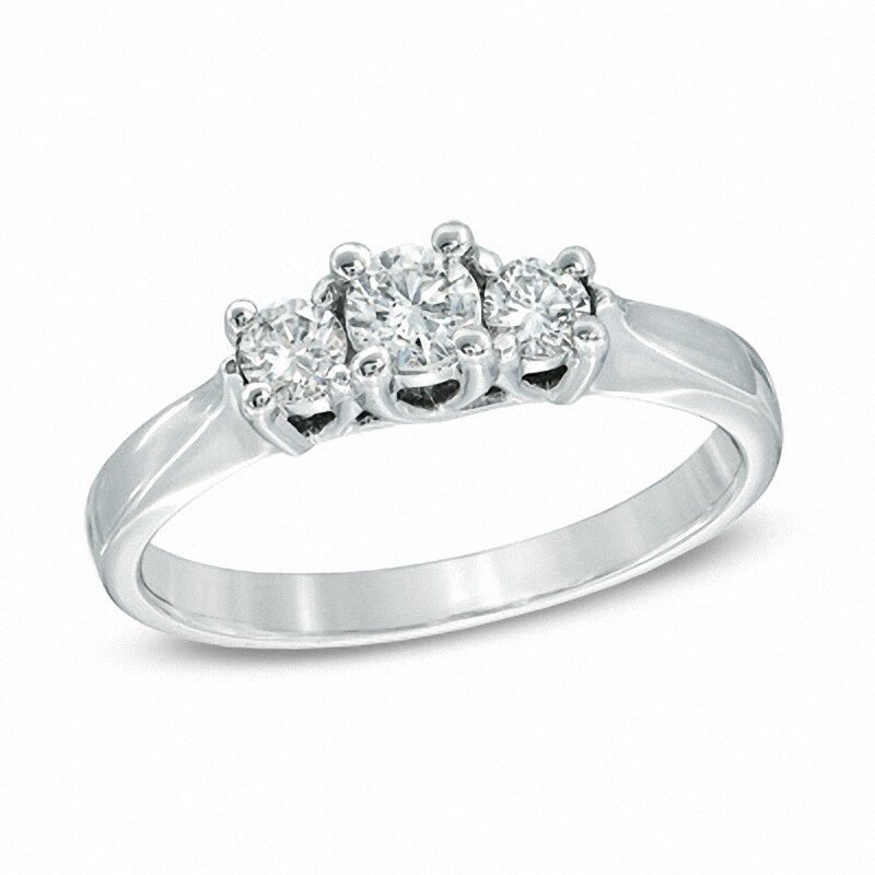Main Image 1 of Previously Owned - 1/2 CT. T.W. Diamond Three Stone Ring in 14K White Gold (I/I2)