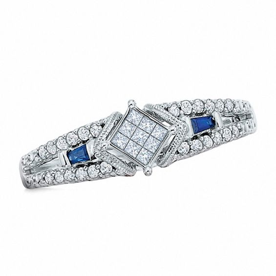 Previously Owned - Cherished Promise Collectionâ¢ 1/5 CT. T.w. Princess-Cut Diamond and Sapphire Ring in 10K White Gold