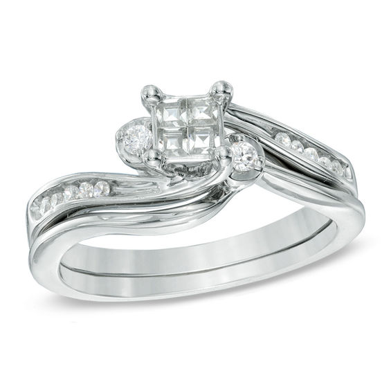 Previously Owned - 1/4 CT. T.w. Quad Princess-Cut Diamond Swirl Bridal Set in 10K White Gold