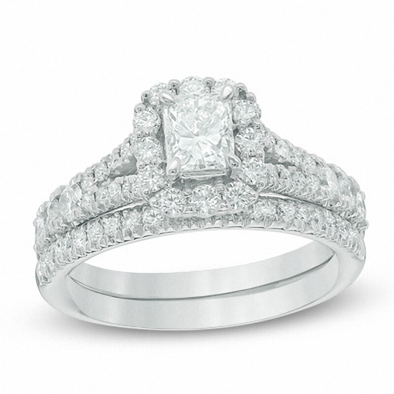 Main Image 1 of Previously Owned - 1-1/2 CT. T.W.  Radiant-Cut Diamond Bridal Set in 14K White Gold (I/I1)