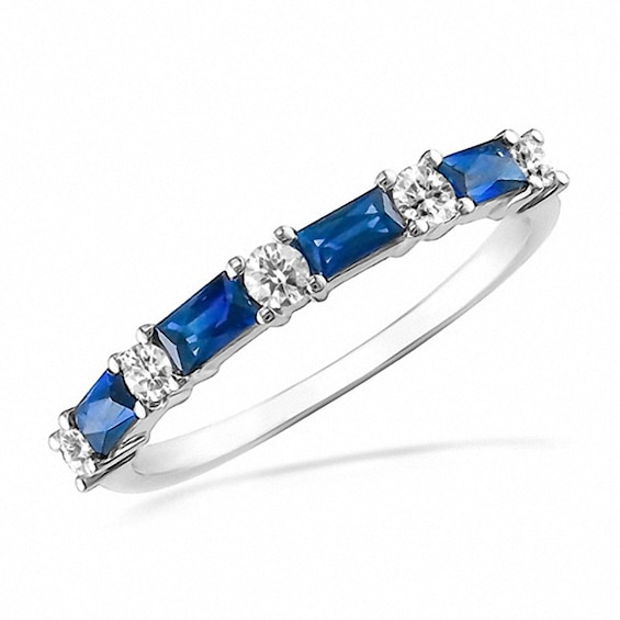 Previously Owned - 1/5 CT. T.w. Diamond and Baguette Blue Sapphire Band in 14K White Gold