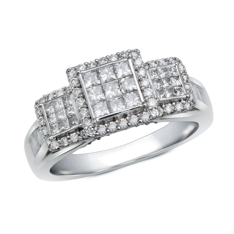 Main Image 1 of Previously Owned - 1 CT. T.W. Princess-Cut Composite Diamond Three Stone Engagement Ring in 10K White Gold