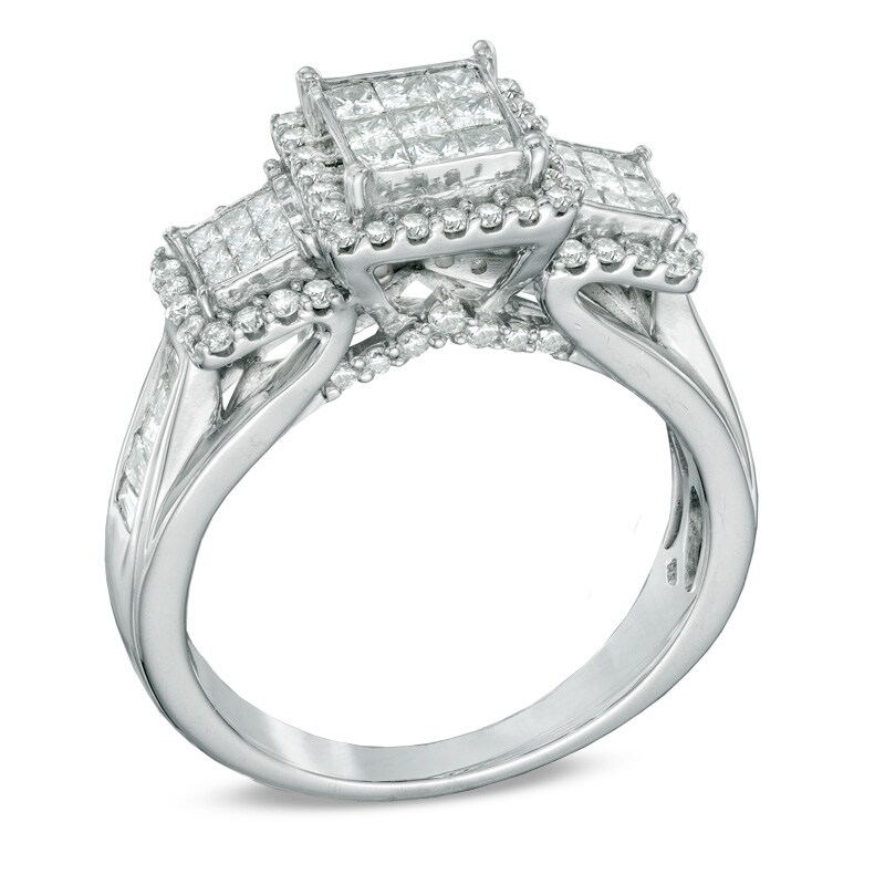 Main Image 2 of Previously Owned - 1 CT. T.W. Princess-Cut Composite Diamond Three Stone Engagement Ring in 10K White Gold