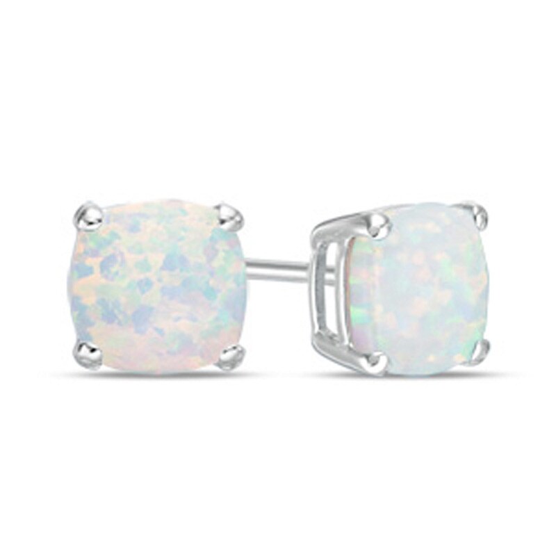 Main Image 1 of Previously Owned - 6.0mm Cushion-Cut Lab-Created Opal Stud Earrings in 10K White Gold