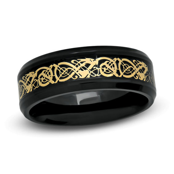 Previously Owned - 8.0mm Two-Tone Stainless Steel Filigree Inlay Comfort Fit Wedding Band