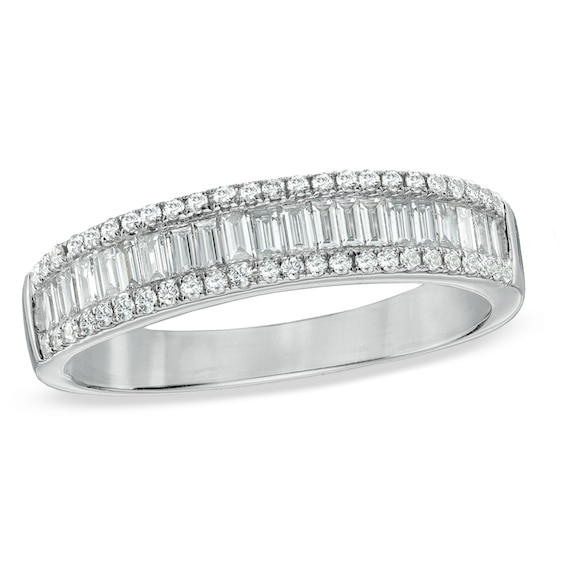 Previously Owned - 1/2 CT. T.w. Baguette and Round Diamond Edge Band in 10K White Gold