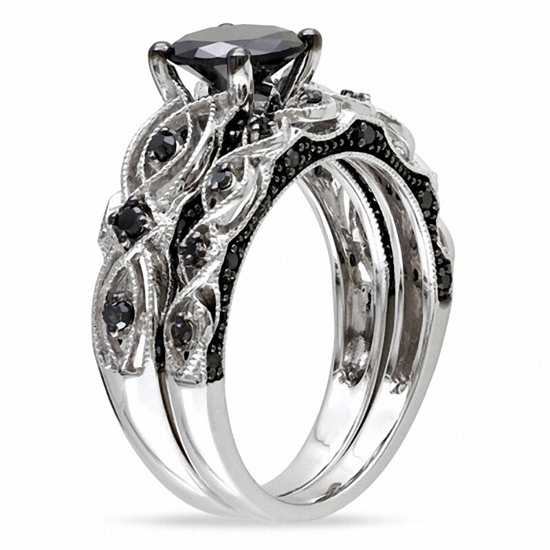 Main Image 2 of Previously Owned - 1-3/8 CT. T.W. Black Diamond Vintage-Style Bridal Set in 10K White Gold