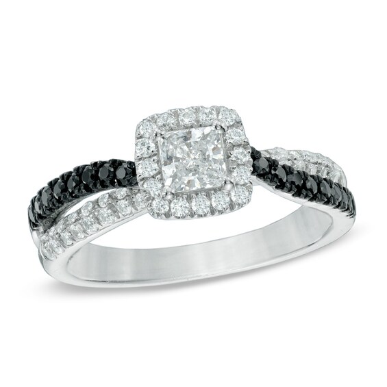 Previously Owned - 7/8 CT. T.w. Black and White Diamond Frame Twist Engagement Ring in 10K White Gold