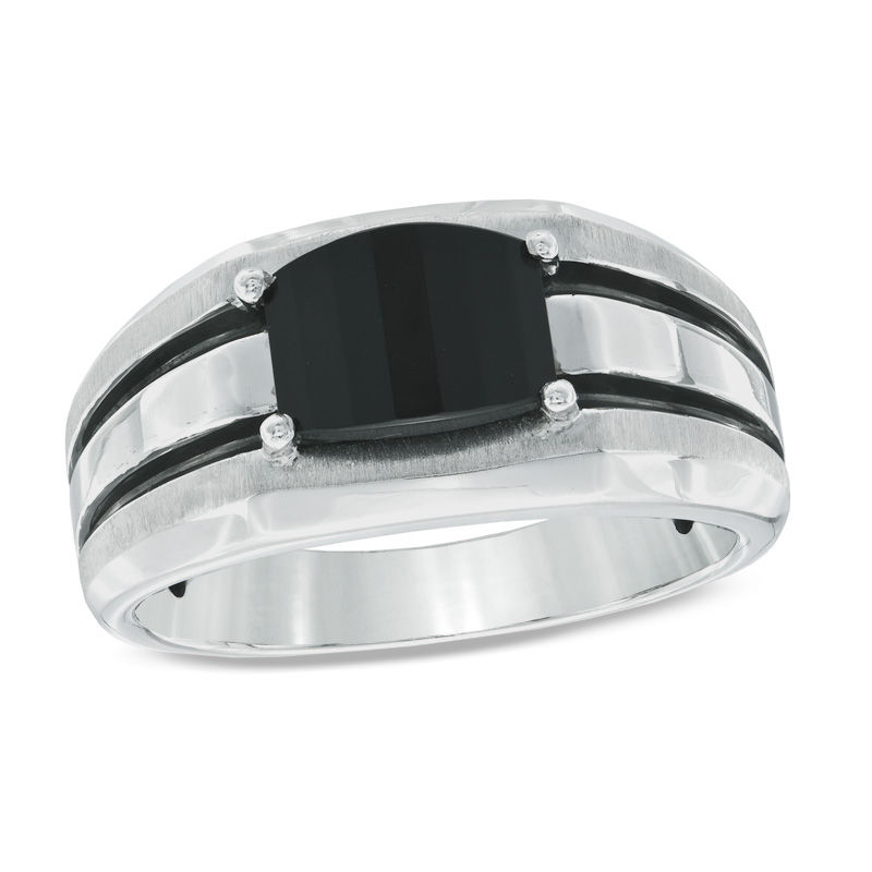 Main Image 1 of Previously Owned - Barrel-Cut Onyx Comfort Fit Ring in Sterling Silver