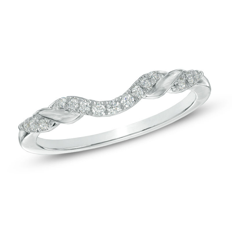 Main Image 1 of Previously Owned - 1/8 CT. T.W. Diamond Ribbon Wrapped Contour Wedding Band in 14K White Gold