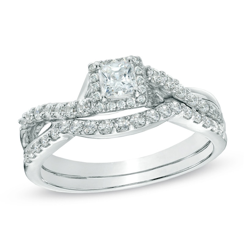 Main Image 1 of Previously Owned - 3/4 CT. T.W. Princess-Cut Diamond Frame Twist Shank Bridal Set in 10K White Gold