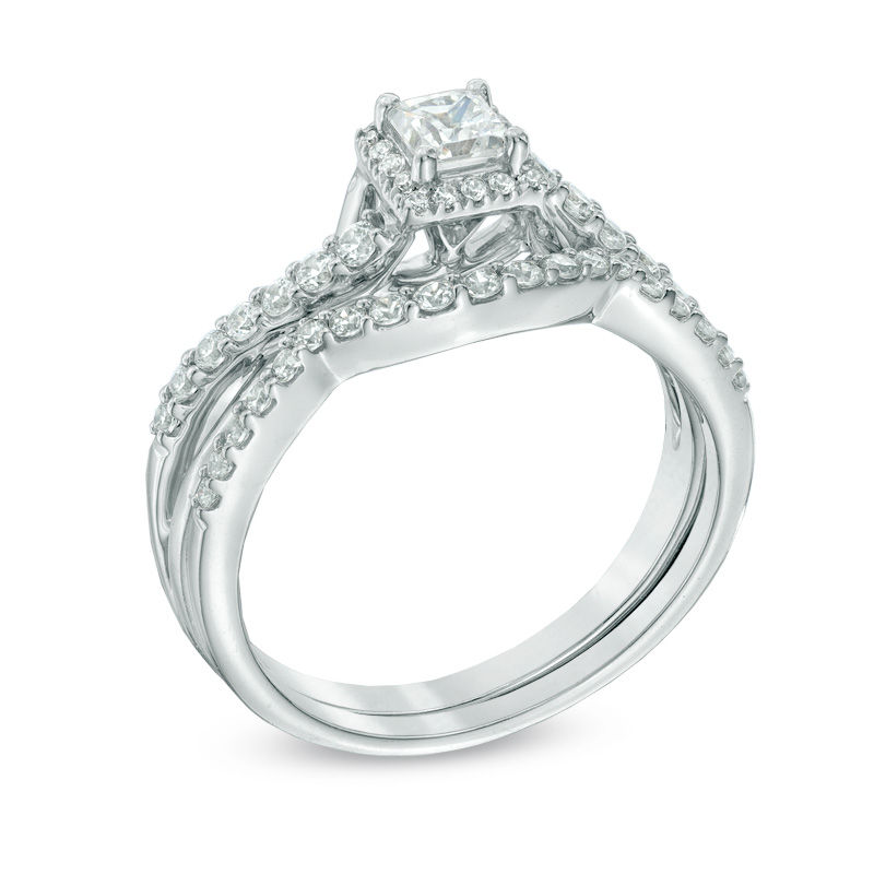 Main Image 2 of Previously Owned - 3/4 CT. T.W. Princess-Cut Diamond Frame Twist Shank Bridal Set in 10K White Gold