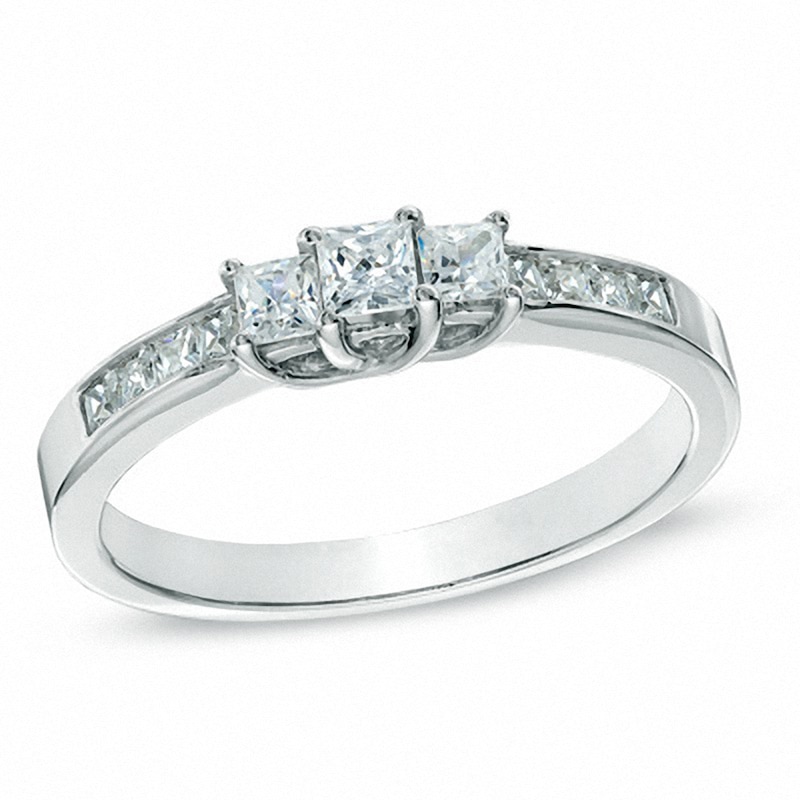 Main Image 1 of Previously Owned - 1 CT. T.W. Princess-Cut Diamond Three Stone Engagement Ring in 10K White Gold