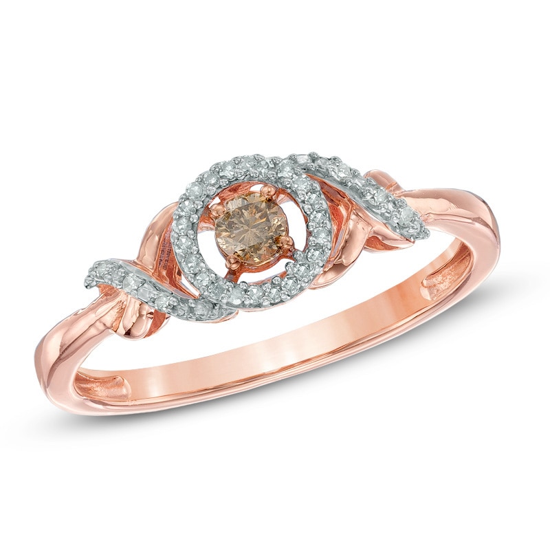 Main Image 1 of Previously Owned - 1/6 CT. T.W. Champagne and White Diamond Open Frame Cross Sides Ring in 10K Rose Gold