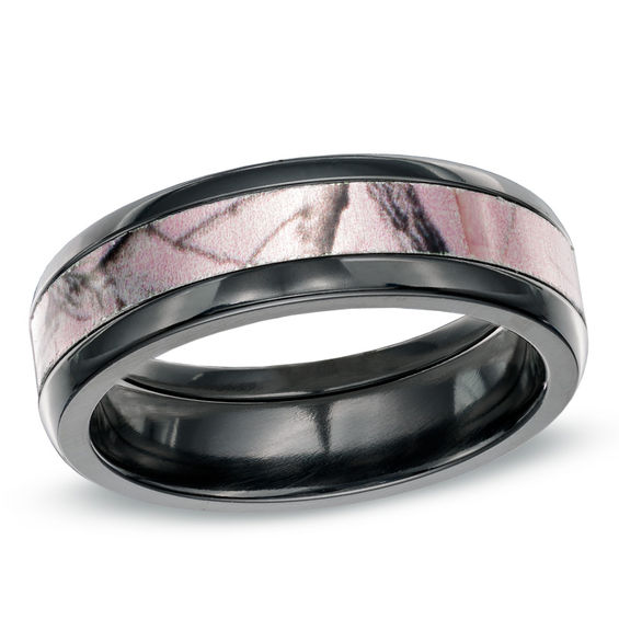 Previously Owned - 6.0mm Realtree APÂ® Pink Camouflage Inlay Comfort Fit Black Zirconium Wedding Band