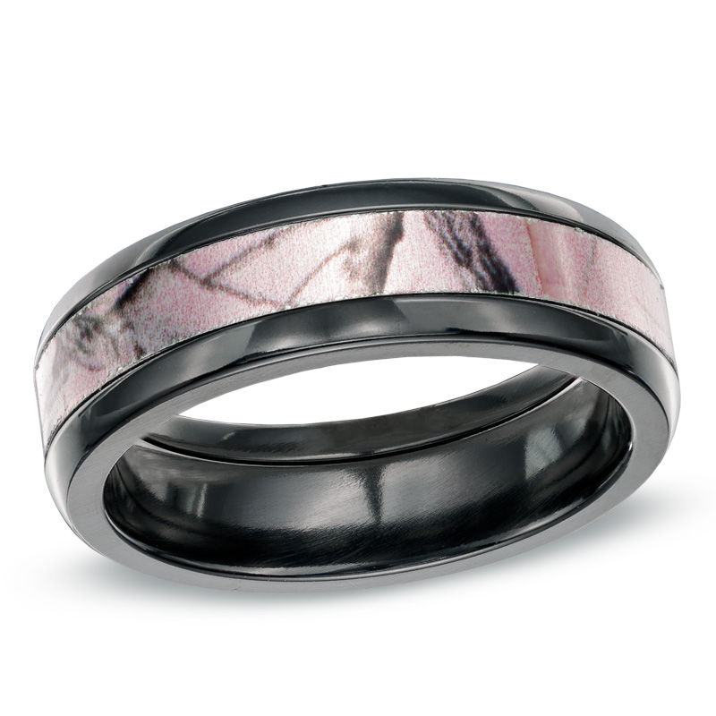 Previously Owned - Ladies' 6.0mm Realtree AP® Pink Camouflage Inlay Comfort Fit Black Zirconium Wedding Band
