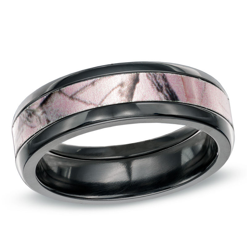 Main Image 1 of Previously Owned - 6.0mm Realtree AP® Pink Camouflage Inlay Comfort Fit Black Zirconium Wedding Band