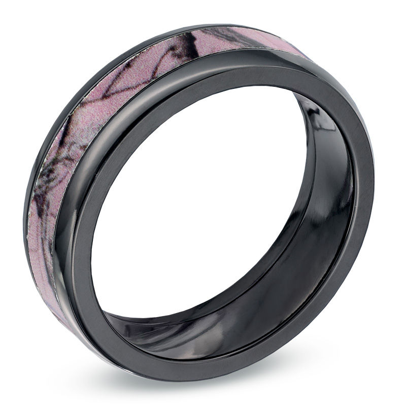 Previously Owned - Ladies' 6.0mm Realtree AP® Pink Camouflage Inlay Comfort Fit Black Zirconium Wedding Band