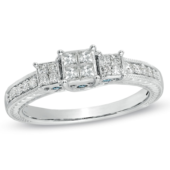 Previously Owned - 1/2 CT. T.w. Enhanced Blue and White Quad Princess-Cut Diamond Three Stone Ring in 10K White Gold