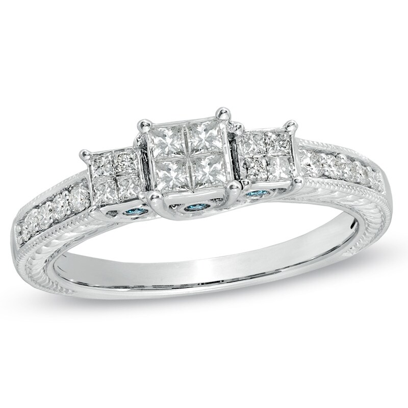 Main Image 1 of Previously Owned - 1/2 CT. T.W. Enhanced Blue and White Quad Princess-Cut Diamond Three Stone Ring in 10K White Gold