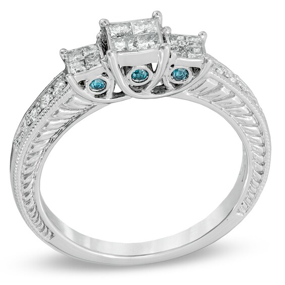 Previously Owned - 1/2 CT. T.w. Enhanced Blue and White Quad Princess-Cut Diamond Three Stone Ring in 10K White Gold