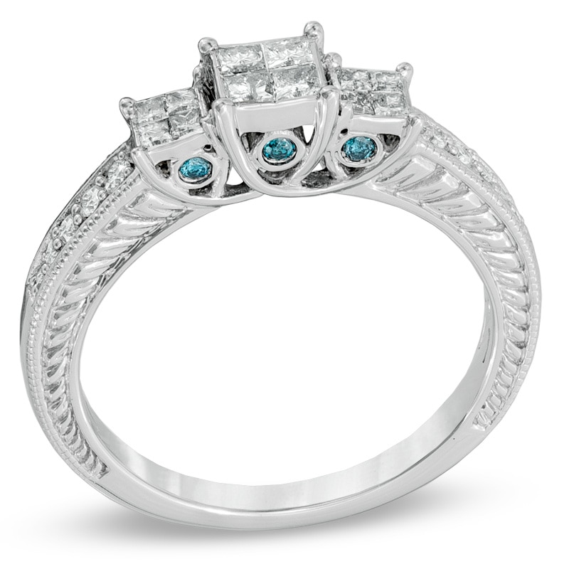 Main Image 2 of Previously Owned - 1/2 CT. T.W. Enhanced Blue and White Quad Princess-Cut Diamond Three Stone Ring in 10K White Gold