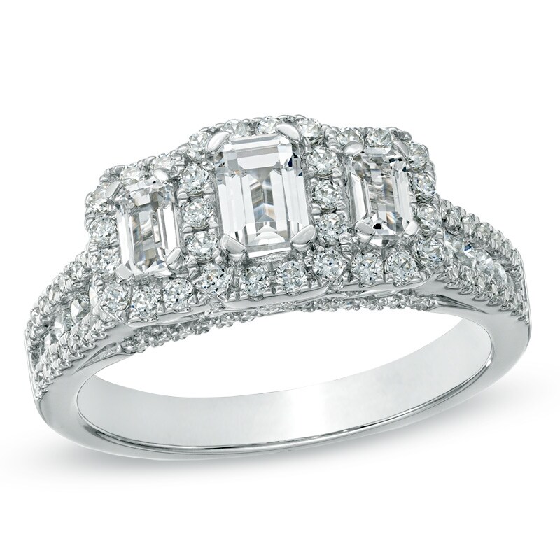 Main Image 1 of Previously Owned - 1-1/2 CT. T.W.  Emerald-Cut Diamond Three Stone Frame Ring in 14K White Gold (I/I1)