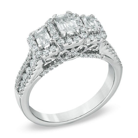 Previously Owned - 1-1/2 CT. T.w. Emerald-Cut Diamond Three Stone Frame Ring in 14K White Gold (I/I1)