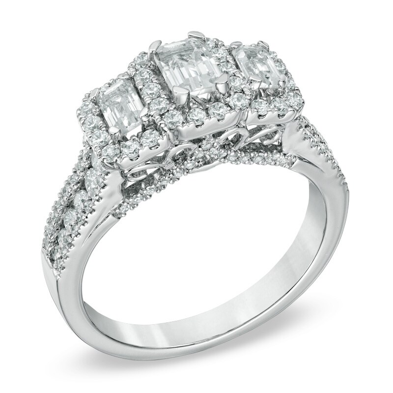 Main Image 2 of Previously Owned - 1-1/2 CT. T.W.  Emerald-Cut Diamond Three Stone Frame Ring in 14K White Gold (I/I1)