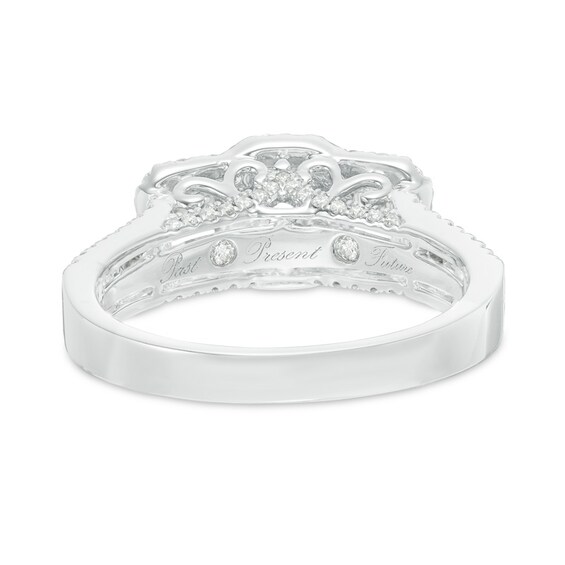 Previously Owned - 1-1/2 CT. T.w. Emerald-Cut Diamond Three Stone Frame Ring in 14K White Gold (I/I1)