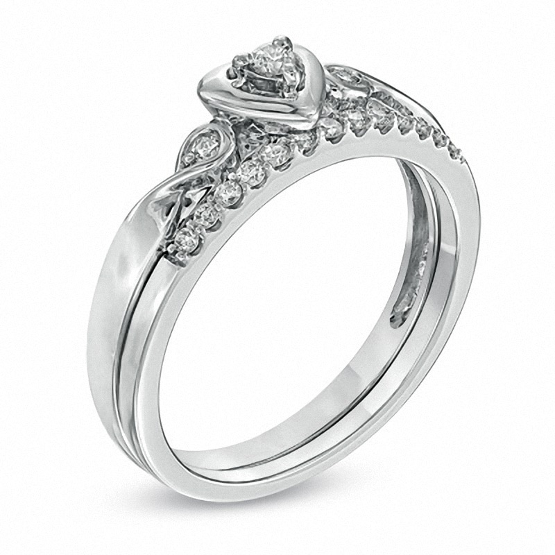 Main Image 2 of Previously Owned - 1/5 CT. T.W. Diamond Heart-Shaped Bridal Set in 10K White Gold