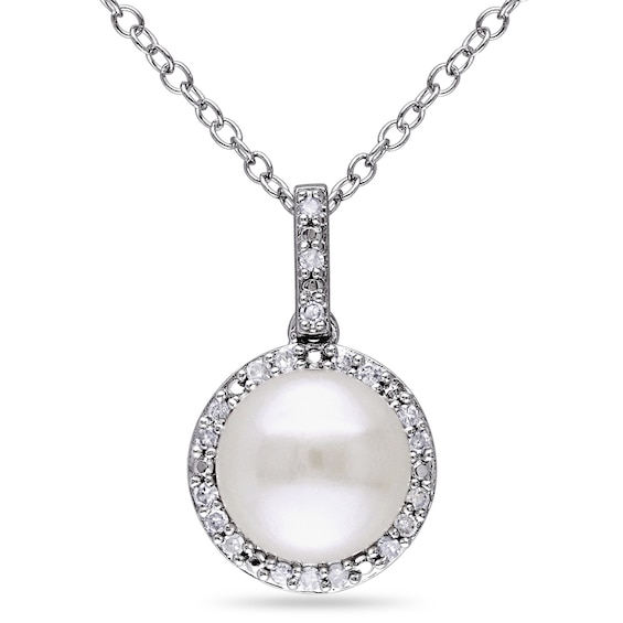 Previously Owned-8.0-8.5mm Button Freshwater Cultured Pearl and 1/10 CT. T.w. Diamond Frame Pendant