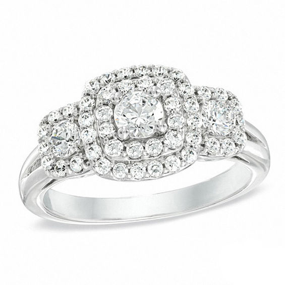 Previously Owned - 1 CT. T.w. Diamond Double Cushion Frame Three Stone Ring in 10K White Gold