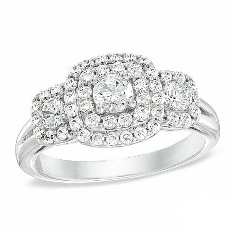 Main Image 1 of Previously Owned - 1 CT. T.W. Diamond Double Cushion Frame Three Stone Ring in 10K White Gold