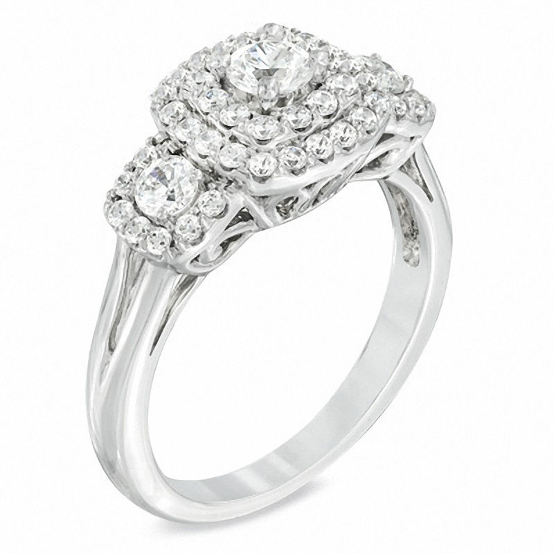 Main Image 2 of Previously Owned - 1 CT. T.W. Diamond Double Cushion Frame Three Stone Ring in 10K White Gold