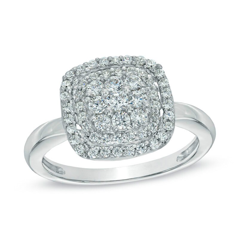 Main Image 1 of Previously Owned - 1/2 CT. T.W. Diamond Cushion Cluster Frame Ring in 10K White Gold