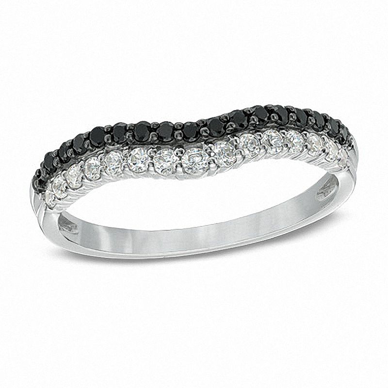 Previously Owned - 3/8 CT. T.W. Enhanced Black and White Diamond Double Row Contour Wedding Band in 14K White Gold