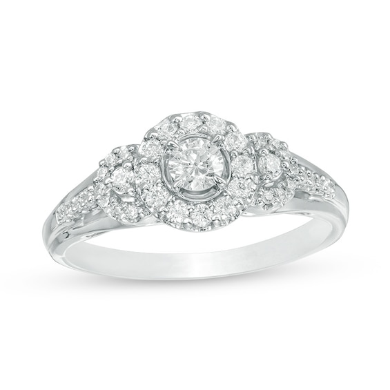 Previously Owned - 1/2 CT. T.w. Diamond Three Stone Frame Ring in 14K White Gold