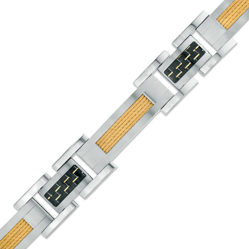 Main Image 1 of Previously Owned - Carbon Fiber and Cable Link Bracelet in Two-Tone Stainless Steel - 8.5"