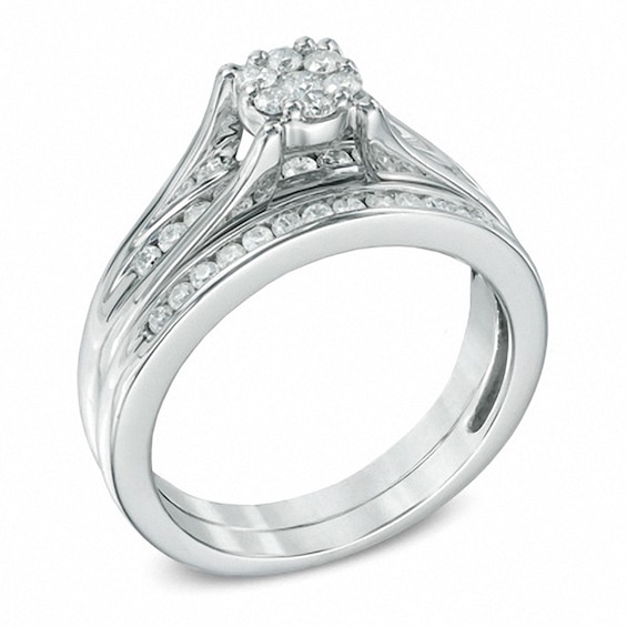 Previously Owned - 1/2 CT. T.w. Diamond Cluster Bridal Set in 10K White Gold