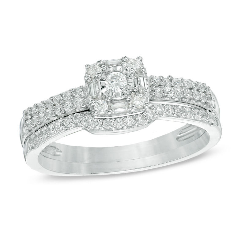 Main Image 1 of Previously Owned - 1/3 CT. T.W. Diamond Square Frame Bridal Set in 10K White Gold