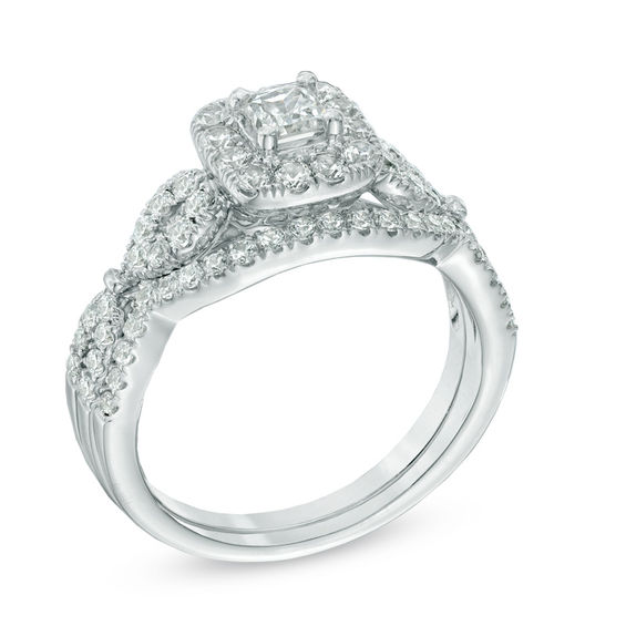 Previously Owned - 1 CT. T.w. Princess-Cut Diamond Frame Twist Bridal Set in 14K White Gold