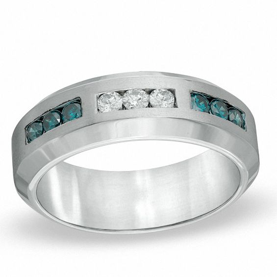 Previously Owned - Men's 1/2 CT. T.W. Enhanced Blue and White Diamond Anniversary Band in Sterling Silver Previously Owned - Men's 1/2 CT. T.W. Enhanced Blue and White Diamond Anniversary Band in Sterling Silver