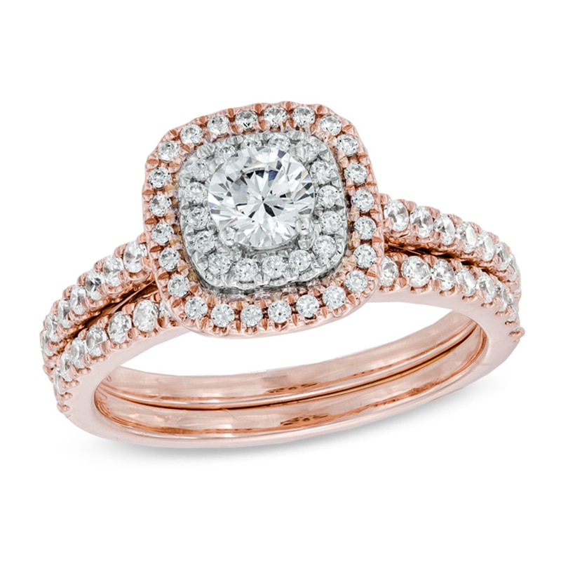 Main Image 1 of Previously Owned - 1 CT. T.W. Diamond Double Frame Bridal Set in 14K Rose Gold
