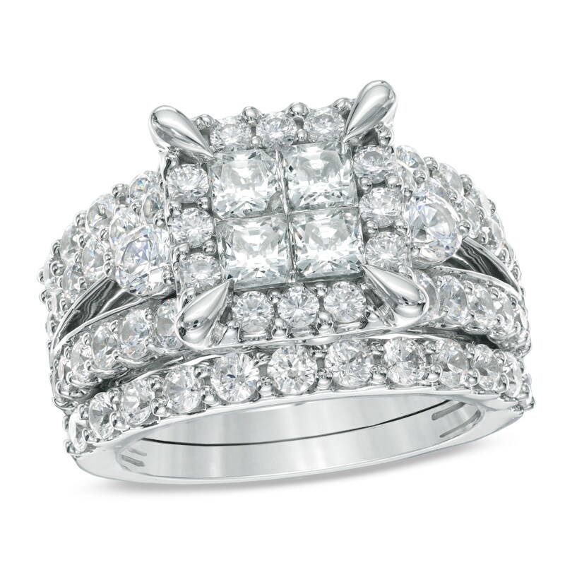 Main Image 1 of Previously Owned - 4 CT. T.W. Quad Princess-Cut Diamond Frame Bridal Set in 14K White Gold