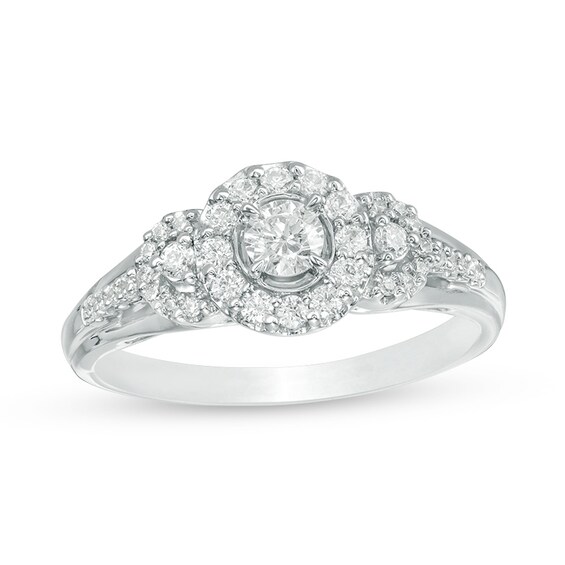 Previously Owned - 1/2 CT. T.w. Diamond Three Stone Frame Ring in 14K White Gold