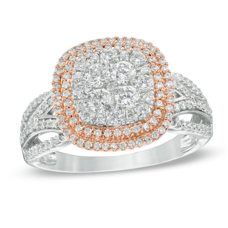Main Image 1 of Previously Owned - 1 CT. T.W. Cushion-Shaped Multi-Diamond Double Frame Ring in 10K Two-Tone Gold