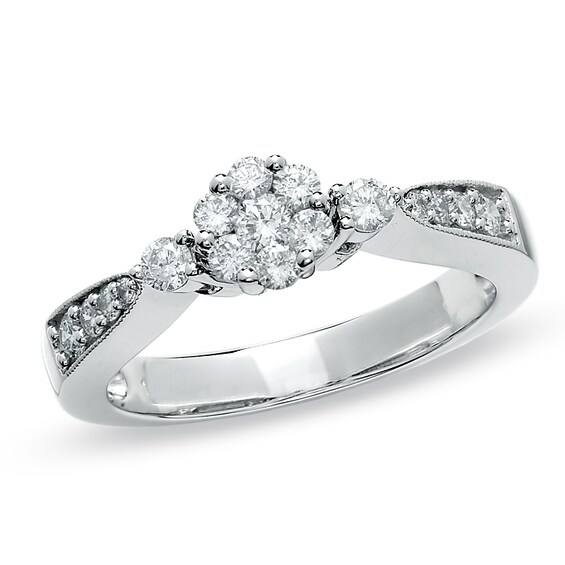 Previously Owned - 1/2 CT. T.w. Composite Diamond Flower Ring in 10K White Gold