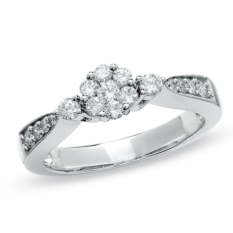 Main Image 1 of Previously Owned - 1/2 CT. T.W. Composite Diamond Flower Ring in 10K White Gold